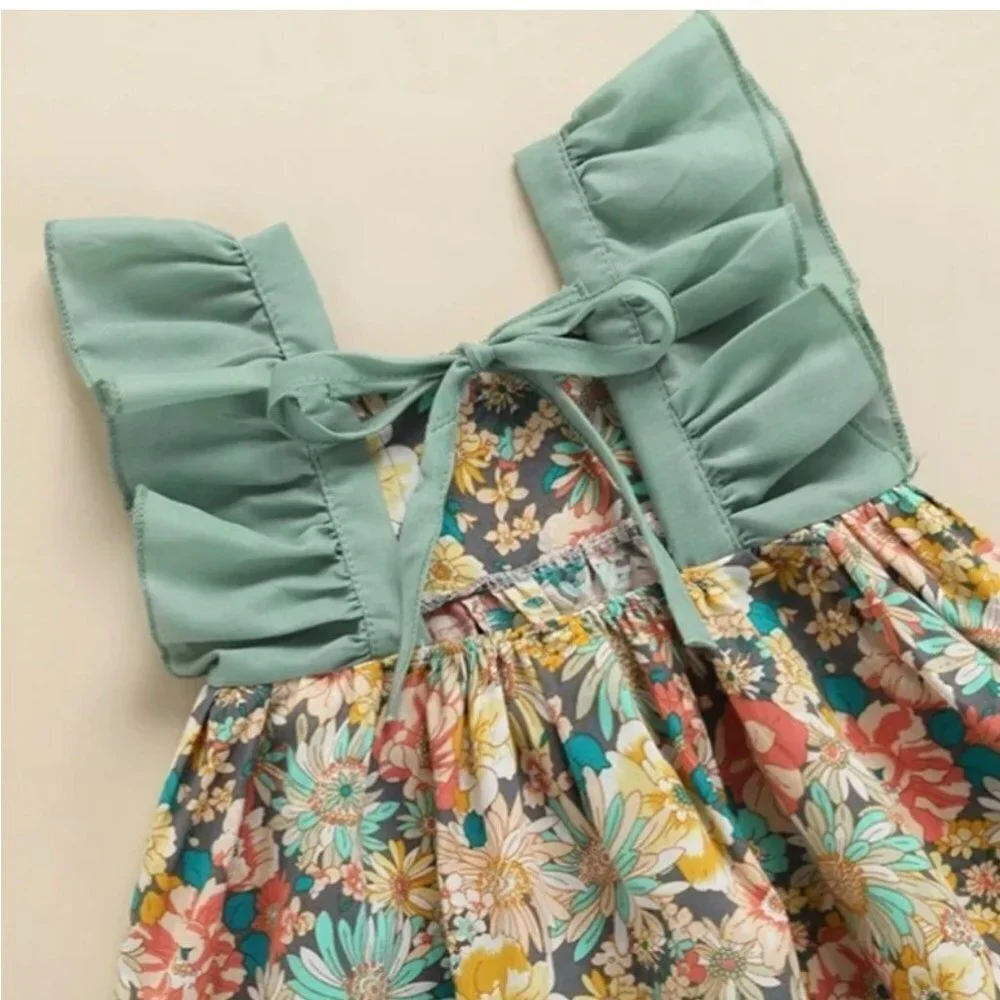 2T Floral Ruffled Cotton Little Girl Dress & Hat